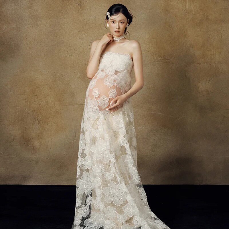 新款影楼孕妇装主题抹胸蕾丝油画轻法式复古大肚孕妈写真拍照服装