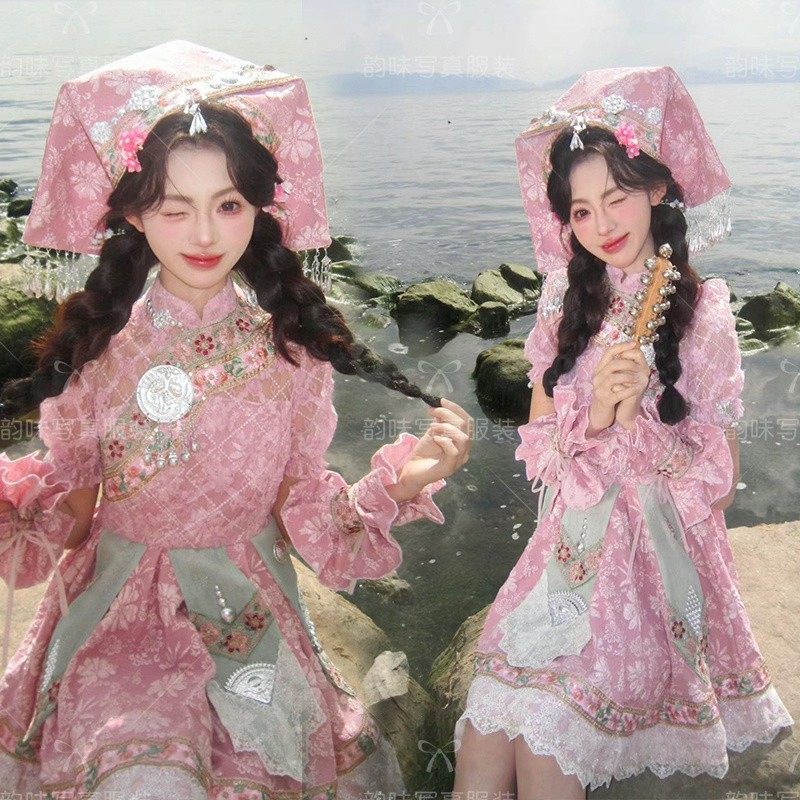24新款壮族民族服装粉色少女改良民族服装西双版纳苗疆旅拍写真,孕妇装/孕产妇用品/营养,影楼服装,淘宝优惠券,粉丝福利购,淘宝优惠卷