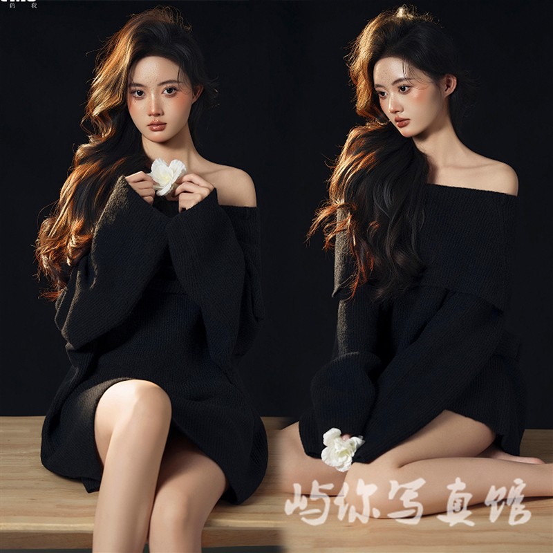 新款照相馆主题纯欲风光影肖像慵懒风黑色毛衣少女艺术照摄影拍照
