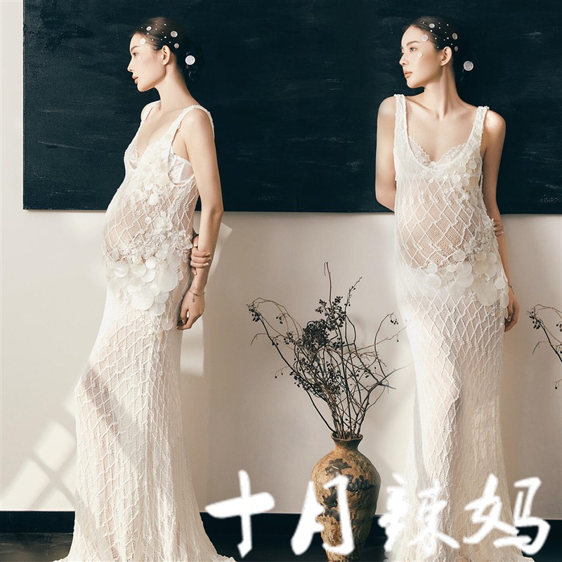 新款影楼孕妇拍照服装纯欲风孕妈咪大肚照写真亮片吊带针织连衣裙