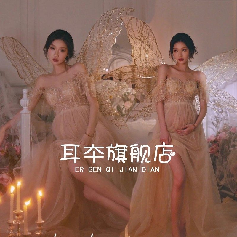 新款孕妇照服装影楼妈咪艺术照性感梦幻精灵金色孕妇摄影婚纱礼服