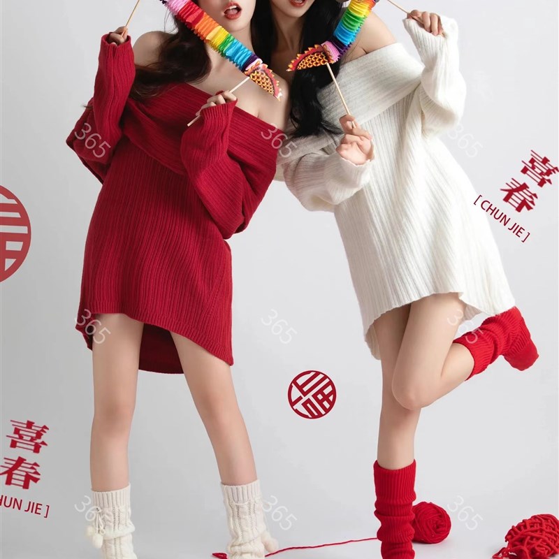 影楼新年主题闺蜜龙年拍照服装慵懒风针织毛衣姐妹写真拍照摄影服