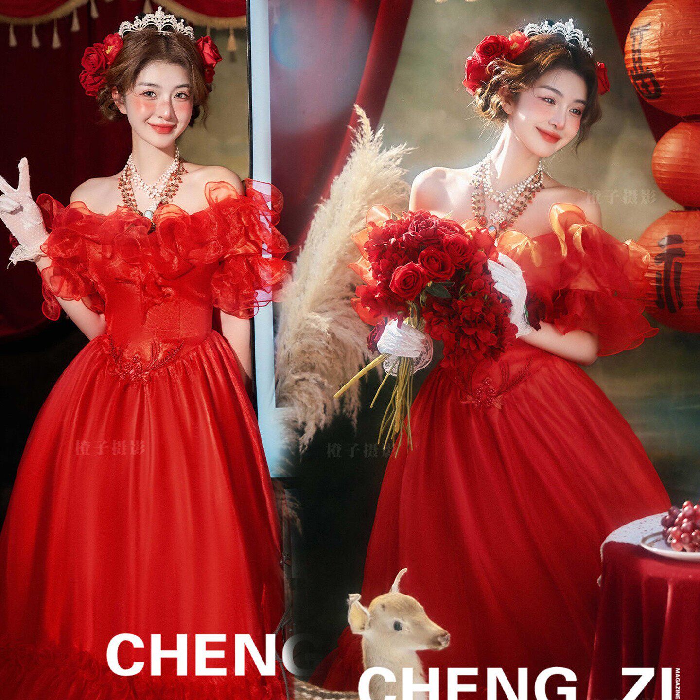 影楼法式复古油画风梦幻少女红色港风连衣纱裙个人洛克风拍照服装