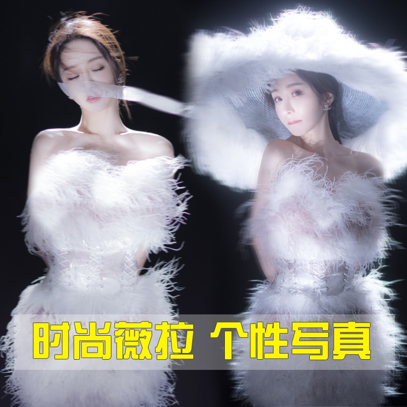 2020新款超仙森系精灵梦幻白羽毛仙女裙影楼艺术写真拍照摄影服装