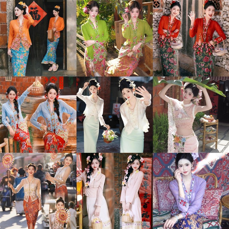 新款小娘惹簪花旅拍服女西双版纳少数民族刺绣服装小清新摄影服