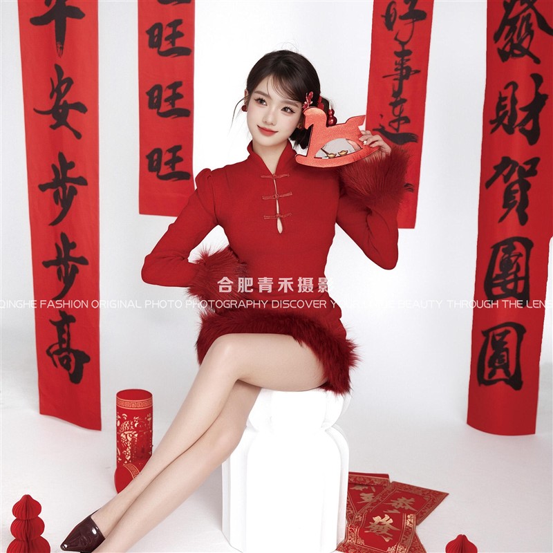 2026新款影楼新年复古红色旗袍个人写真拍照服装春节艺术照摄影服