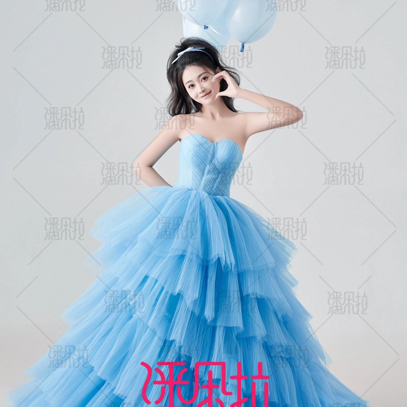 24照相馆新款蓝色婚纱蓬蓬裙少女生日写真服装时尚千金公主摄影礼