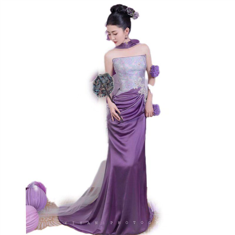新中式紫色晨袍抹胸高级感敬酒服新娘订婚晚礼服裙女高端轻奢小众