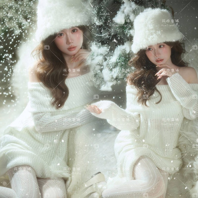 影楼冬季新款圣诞主题韩系少女雪景氛围感白色毛衣写真艺术摄影服