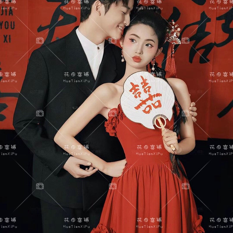 影楼新款拍照主题写真服新装中式红色复古轻婚纱礼服新娘敬酒服