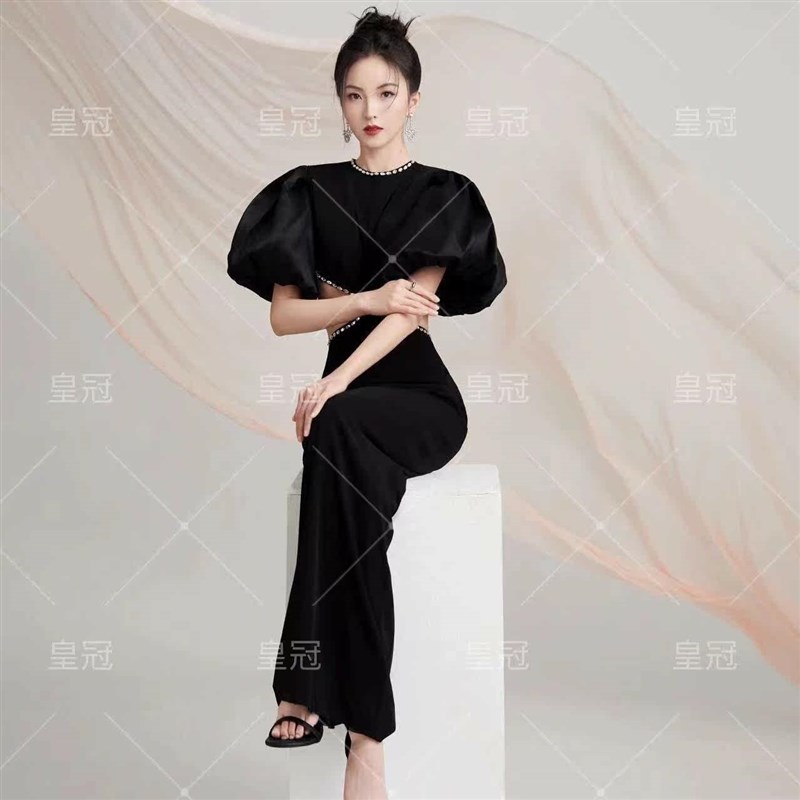 影楼主题服装个人拍照露背鱼尾修身黑色礼服女赫本风复古写真婚纱