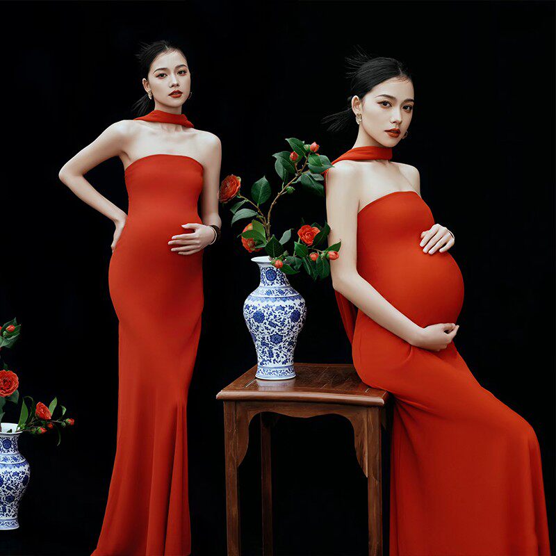 影楼新款孕妇照服装复古简约时尚红色抹胸裙孕妈咪艺术照摄影服
