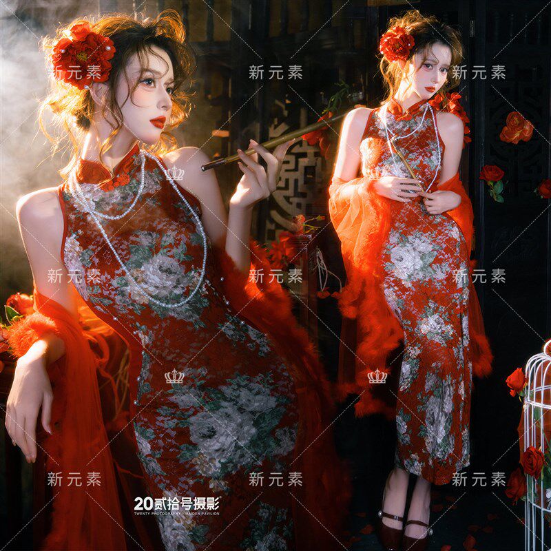 影楼新中式红色民国风改良旗袍女印花连衣裙纯欲风氛围感写真服饰