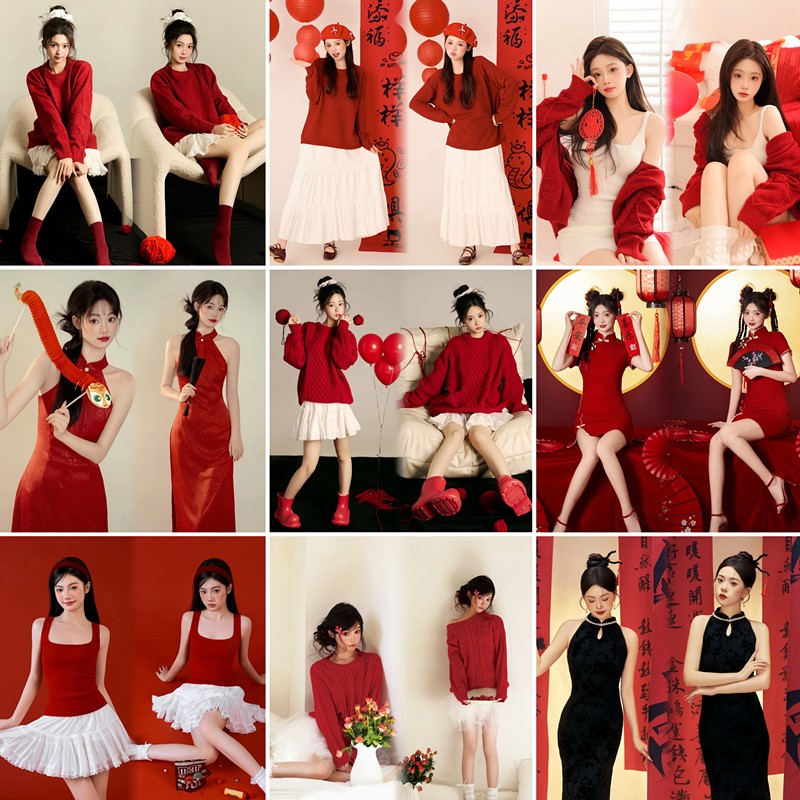 2025影楼新年蛇年主题写真秋冬红色毛衣可爱少女艺术照摄影服装