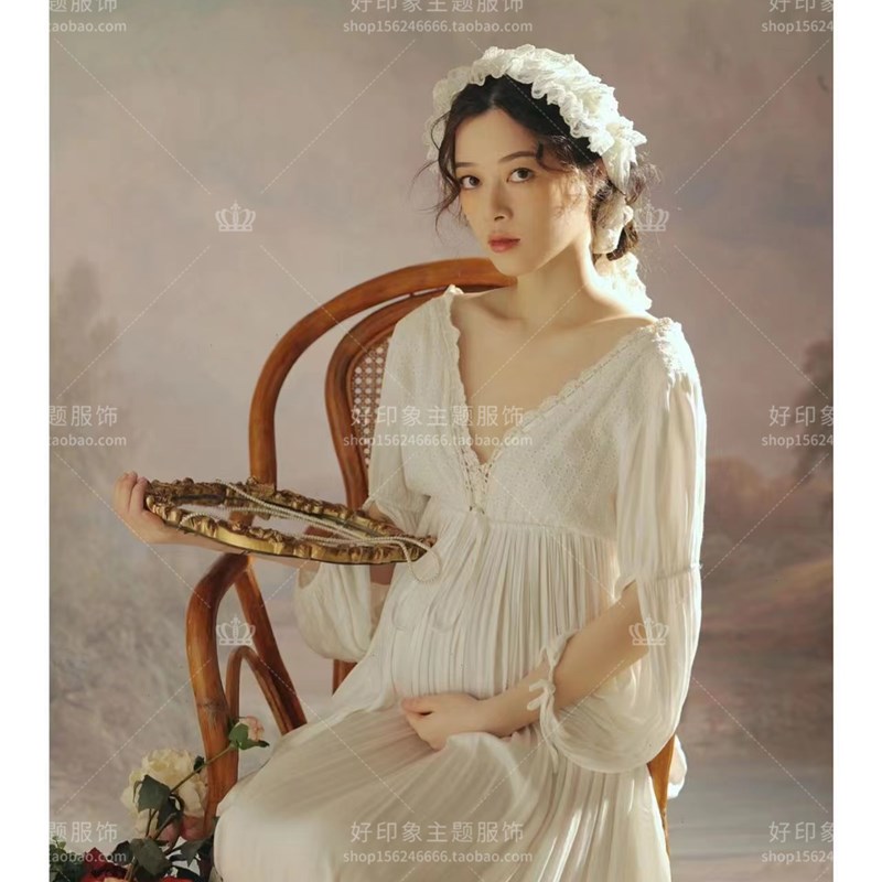 孕妇拍照服装影楼高级感白色复古连衣裙时尚温柔风摄影孕妇照衣服