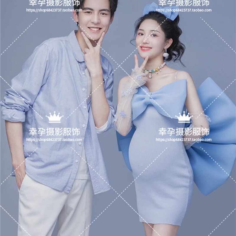 影楼主题孕妇照服装新款小清新蓝色套装孕妇情侣照摄影服拍照服装