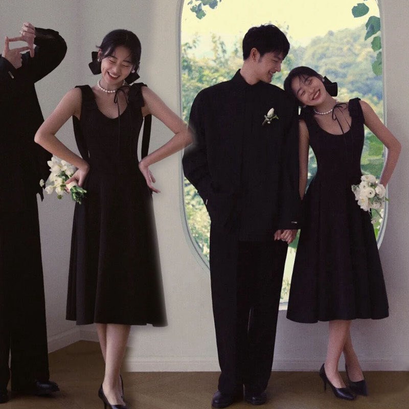 2026新款照相馆主题拍照服装甜美风短裙情侣婚纱摄影服黑色简约礼
