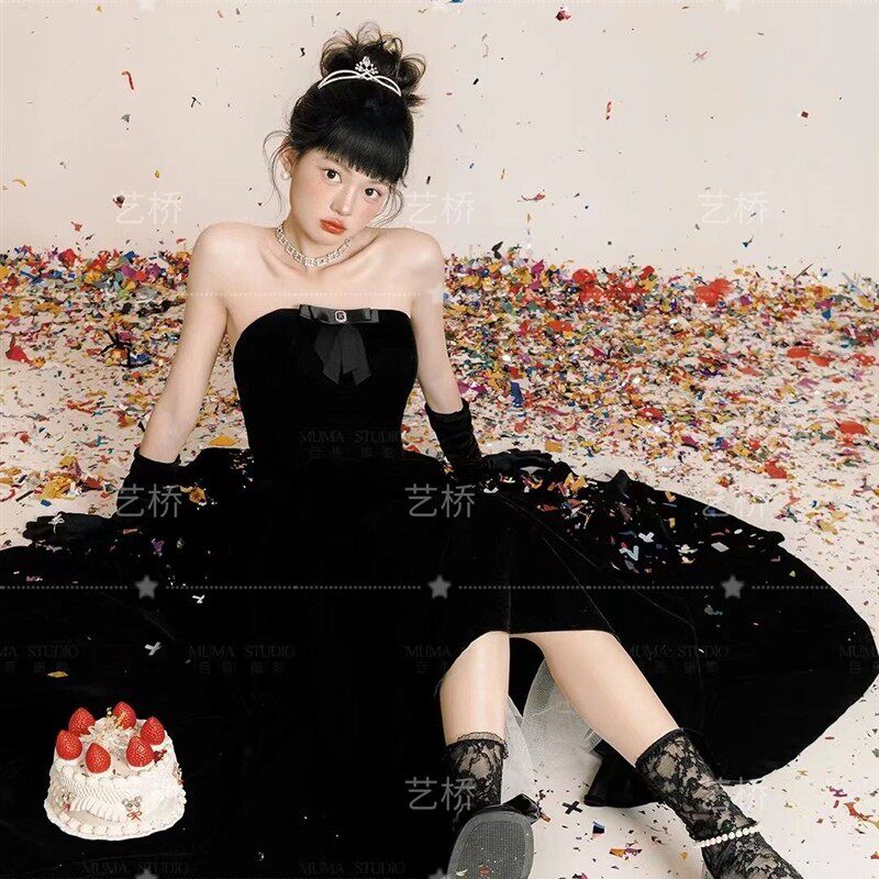 影楼新款主题黑色赫本风长裙名媛千金公主风生日写真艺术拍照服装