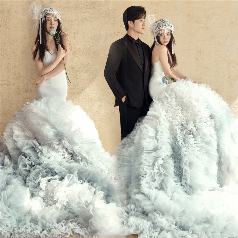 韩版梦幻仙女风蓬蓬裙抹胸白色长裙绑带鱼尾婚纱法式摄影拖尾礼服