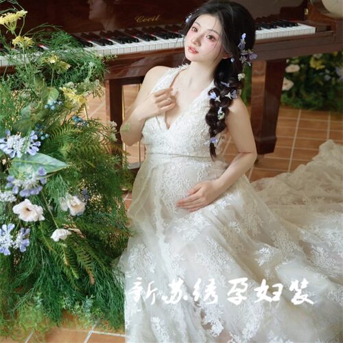照相馆新款孕妈咪大肚照法式小清新高级感洋装拍照孕妇写真摄影服