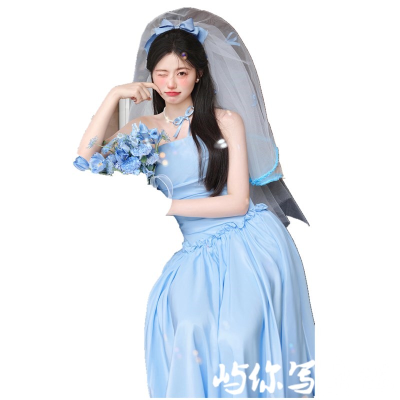 影楼新款时尚情侣夏季小清新甜美蓝色礼服裙晨袍喜嫁主题摄影服装