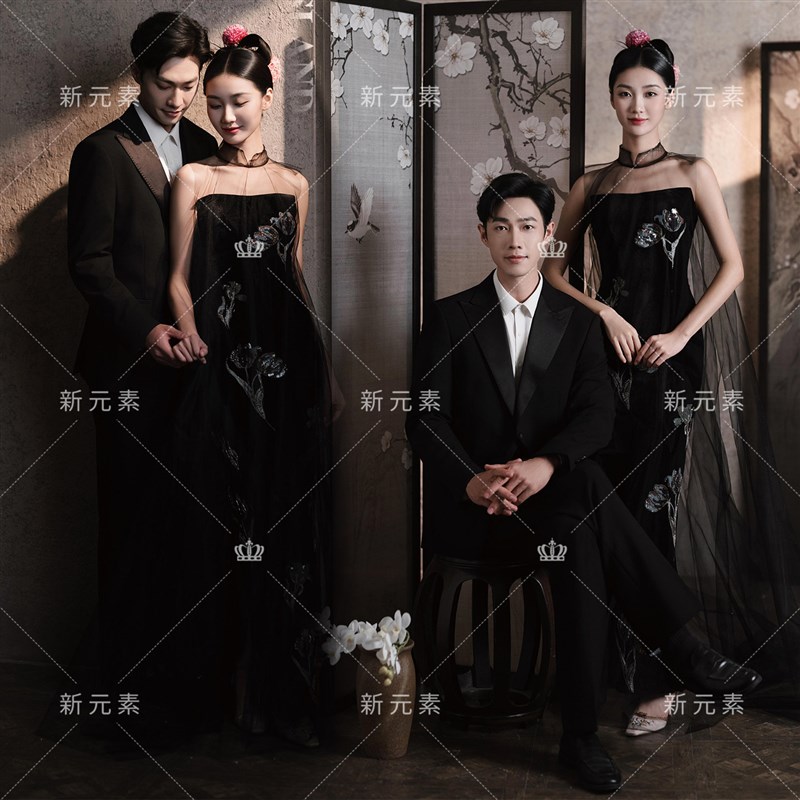 影楼新中式国风写真黑色礼服裙女高级感气质小众拍照相抹胸连衣裙