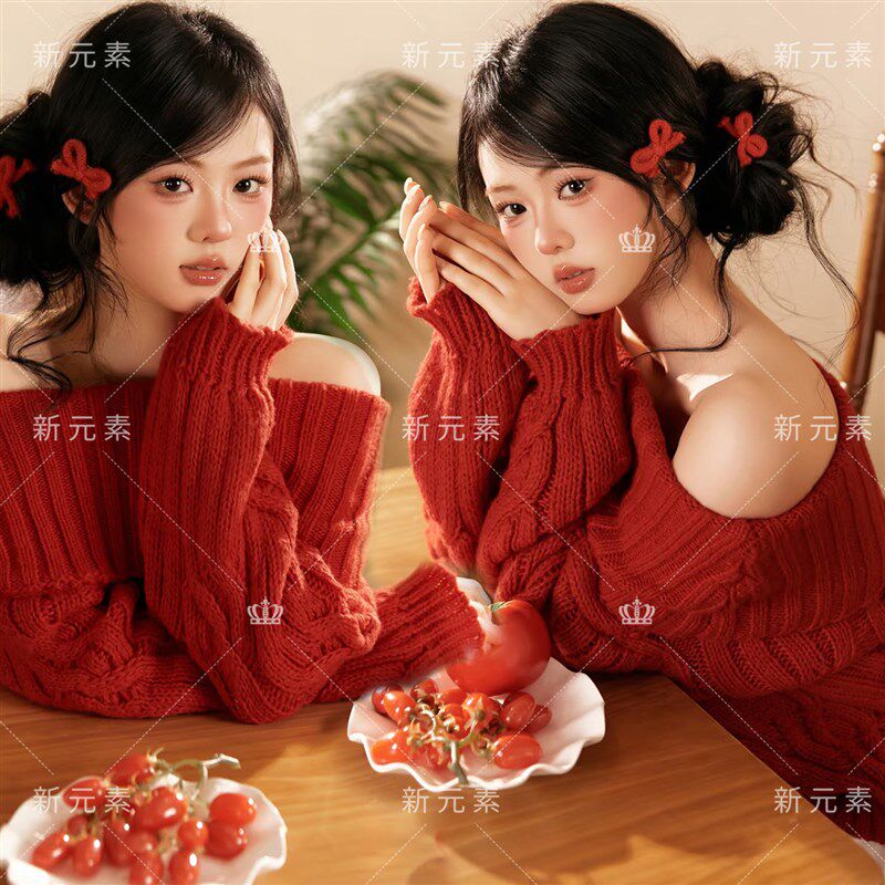 秋冬照相馆新款耶诞新年主题艺术照红色毛衣少女氛围感写真摄影服