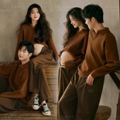 影楼新款 情侣主题韩系秋冬氛围感咖色毛衣孕妈夫妻艺术摄影在家拍