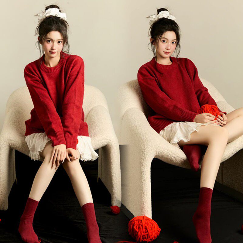 影楼秋冬新年圣诞拍照主题甜美小清新少女红色毛衣艺术照摄影服装