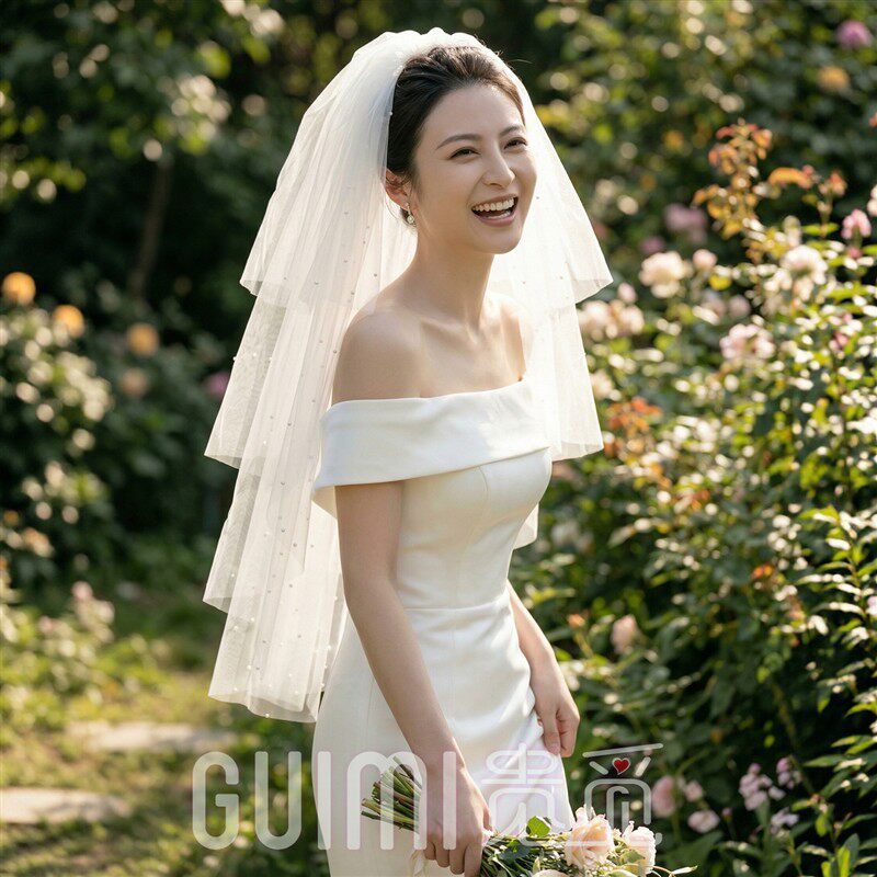 白色珍珠韩式新娘头纱结婚婚礼婚纱摄影拍照短款3层蓬松造型头饰