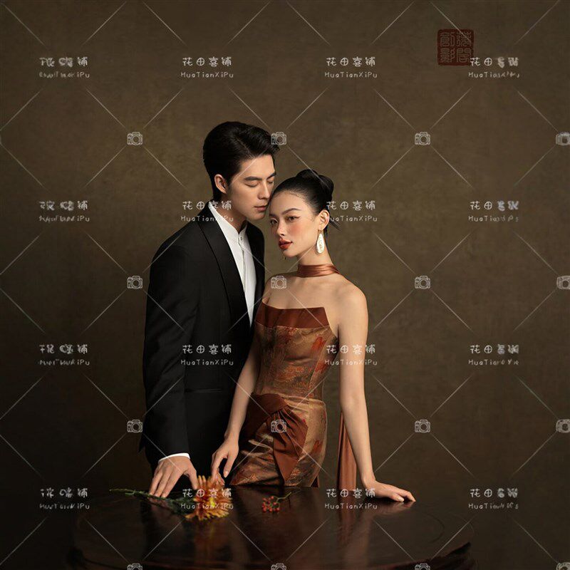 新款影楼拍照主题服装室内新中式工笔画简约抹胸情侣摄影婚纱礼服