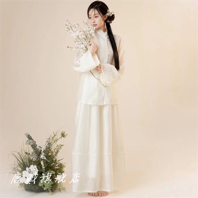 影楼新款新中式禅意茶服女白色盘扣套装高级感影楼写真摄影服装