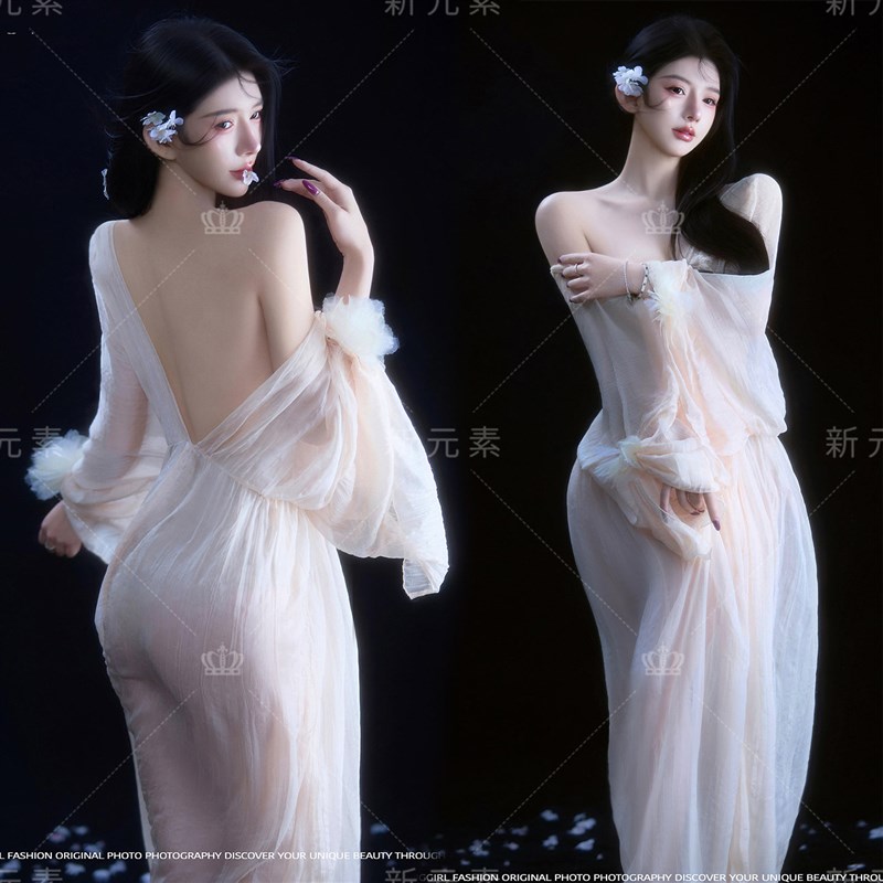 影楼新款清冷仙女风白色露背长袖连衣裙女复古艺术照写真摄影服装
