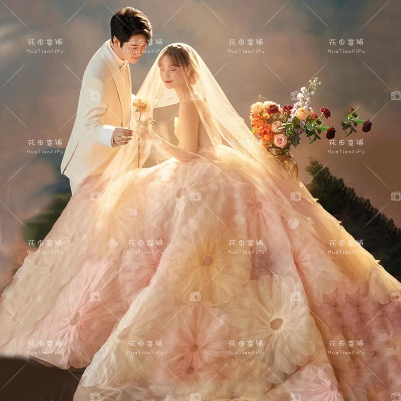 照相馆新款欧式油画花朵高定主题婚纱空气彩纱唯美浪漫外景摄影礼