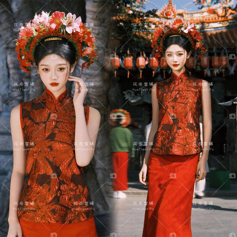 2026新款泉州浔埔女簪花复古东方美学红色旗袍旅拍国风中式写真服