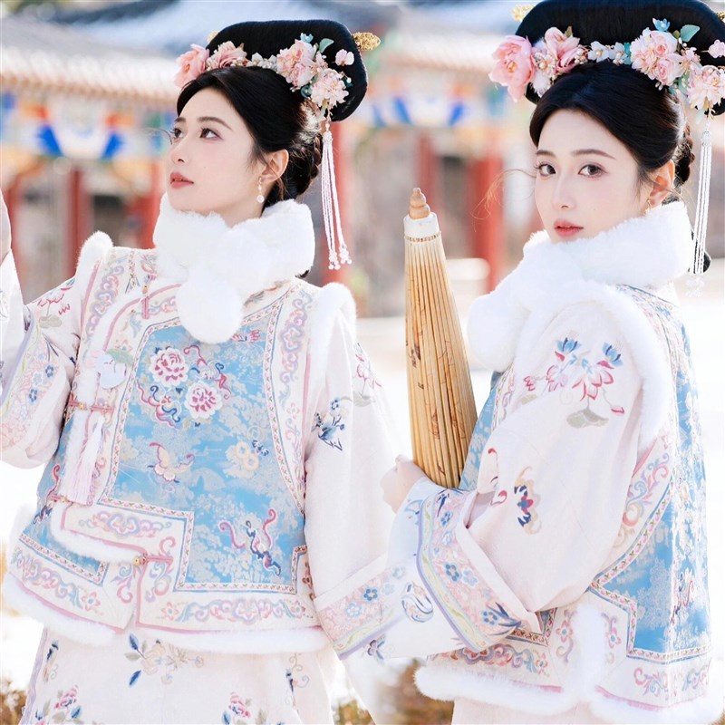 清代汉服女印花古装清朝延吉公主秋冬旗袍宫廷加厚格格服旅拍服装