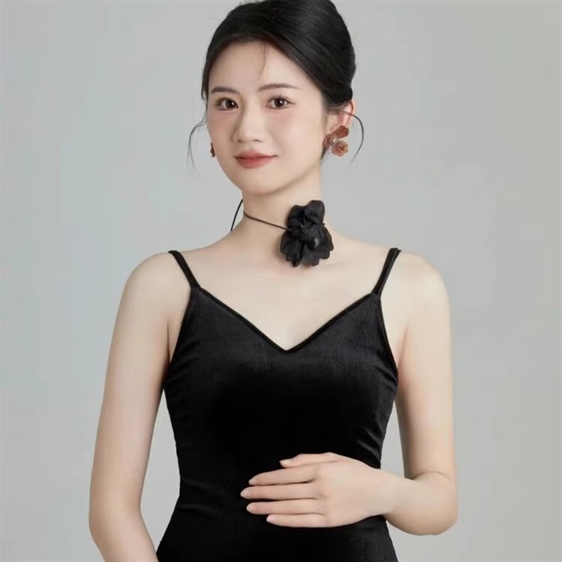 新款影楼孕妇拍照服装黑色修身丝绒吊带连衣裙唯美妈咪艺术照写真