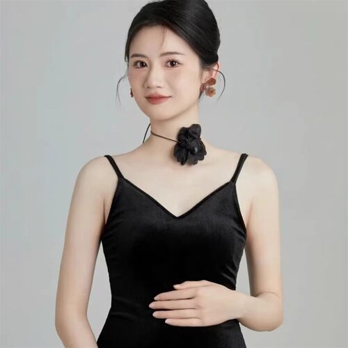 新款影楼孕妇拍照服装黑色修身丝绒吊带连衣裙唯美妈咪艺术照写真
