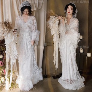 24年影楼新款复古法式油画风主题服装白色连衣裙个人艺术照摄影服