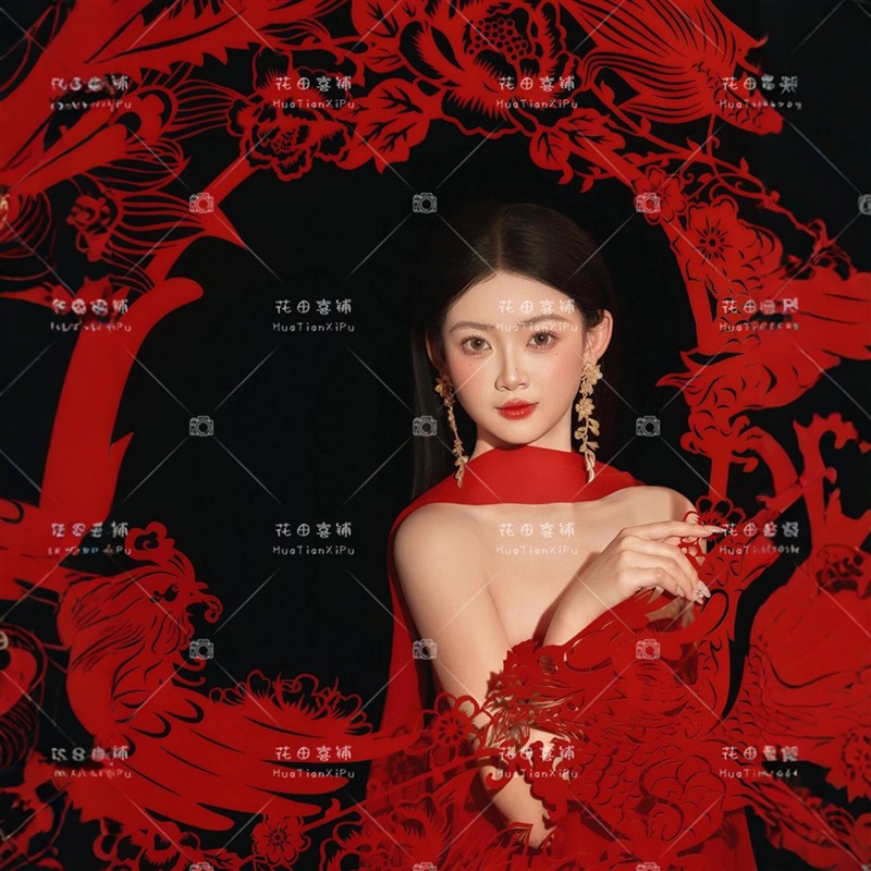 2026新款照相馆新中式红色剪纸中国风新年氛围感个人写真艺术照服