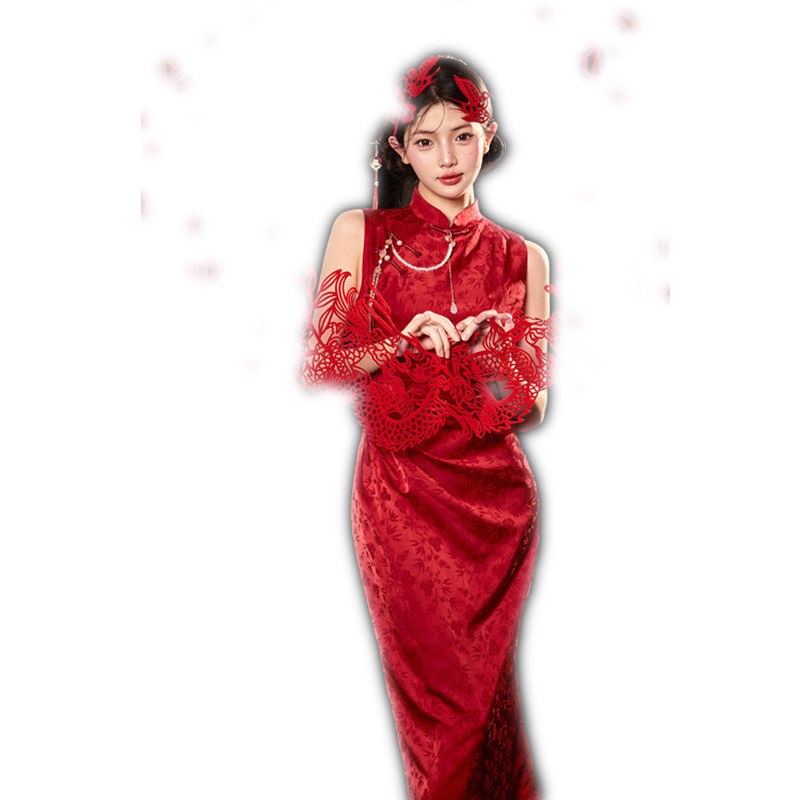 影楼新年新中式红色剪纸主题旗袍女复古氛围感个人肖像写真摄影服