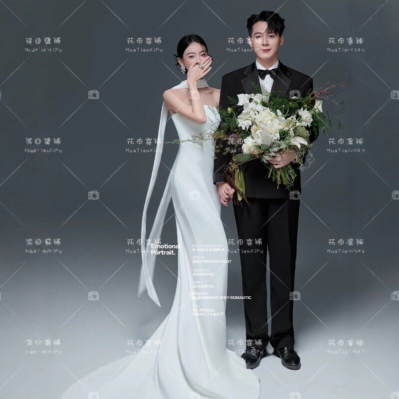 新款照相馆主题拍照婚纱气质高级感时尚缎面鱼尾裙抹胸飘带韩式礼