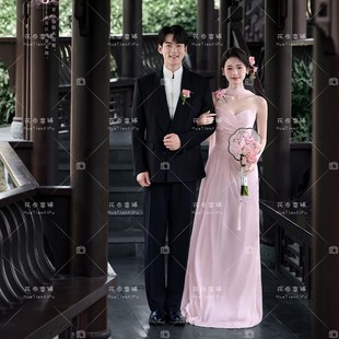 影楼园林婚纱照东方韵味温婉国风摄影中式晨袍粉色鱼尾彩纱礼服