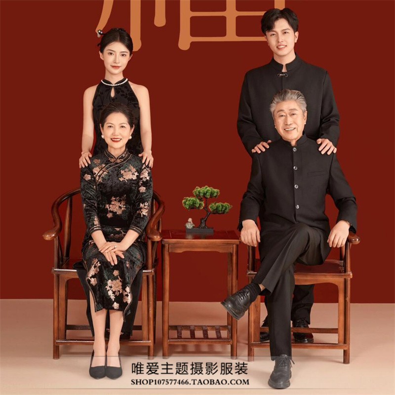一家六口旗袍中山装新款新中式国风主题全家福照相馆摄影服装亲子