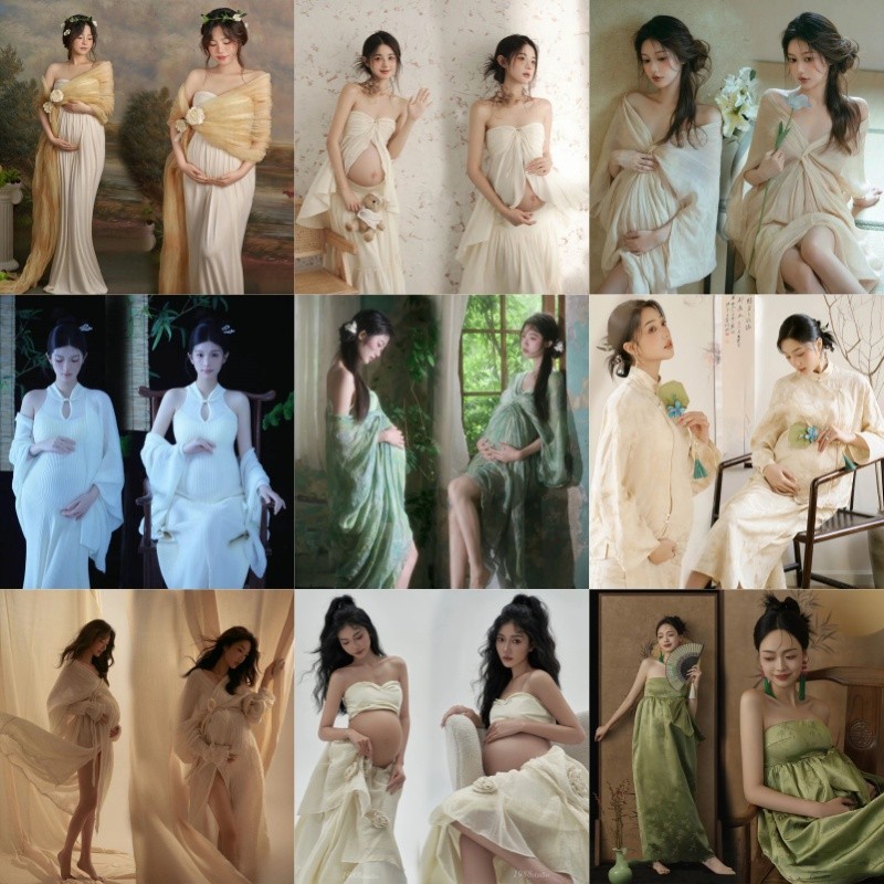 影楼孕妇拍照服装新款复古油画风连衣裙仙气纱裙礼服孕妇摄影衣服