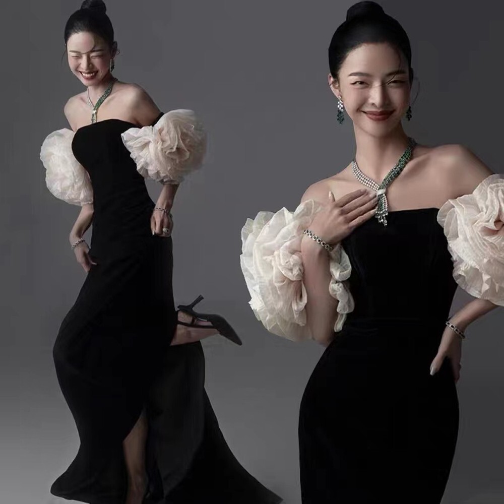 新款照相馆主题服装情侣写真拍照摄影礼服时尚复古黑色丝绒鱼尾婚