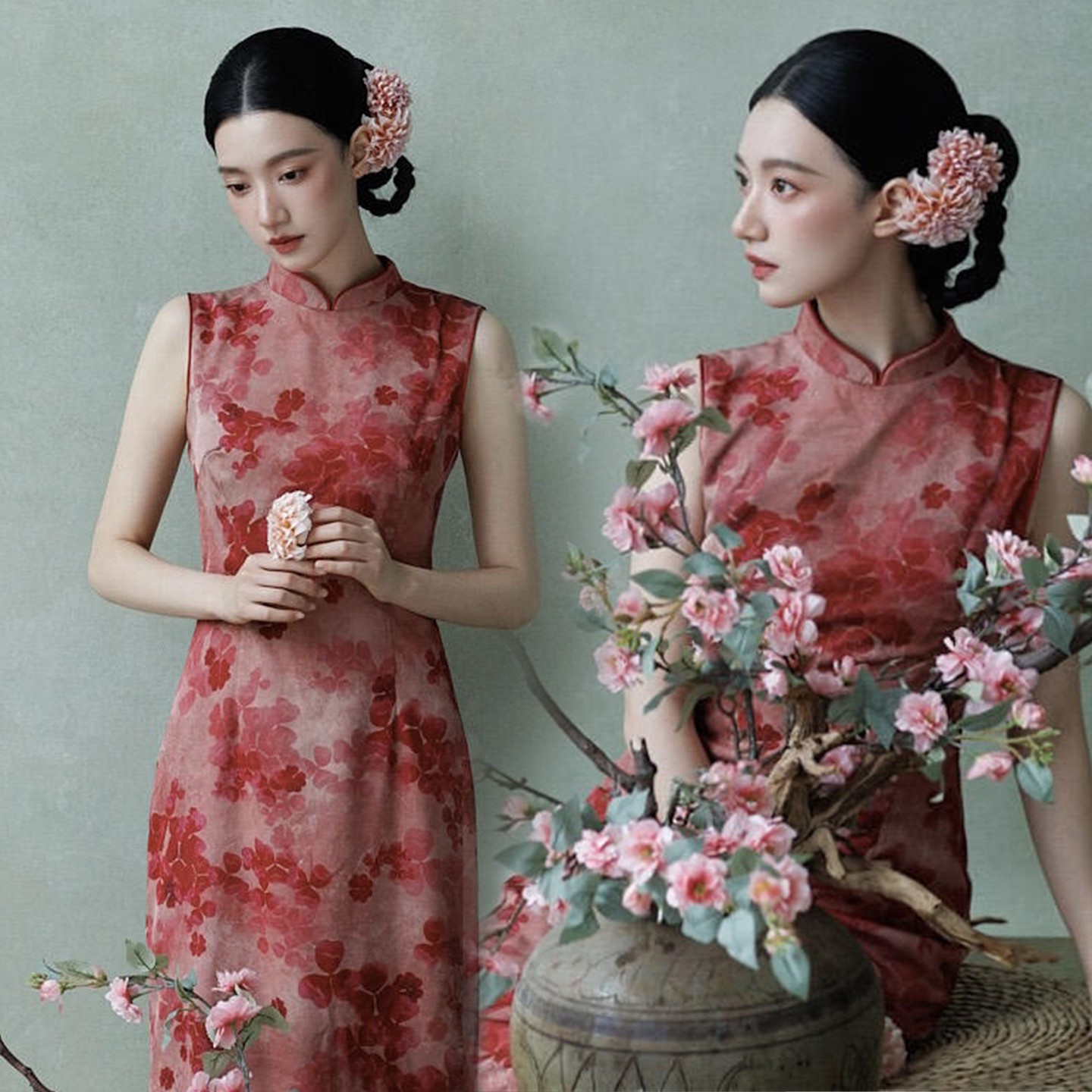 照相馆新款东方韵味新中式撞色复古中国风旗袍肖像写真摄影艺术服图片