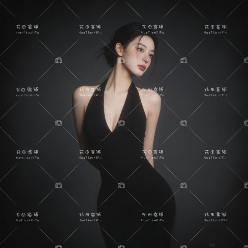 2026照相馆新款形象照职业肖像照写真主题摄影服黑色挂颈修身洋装