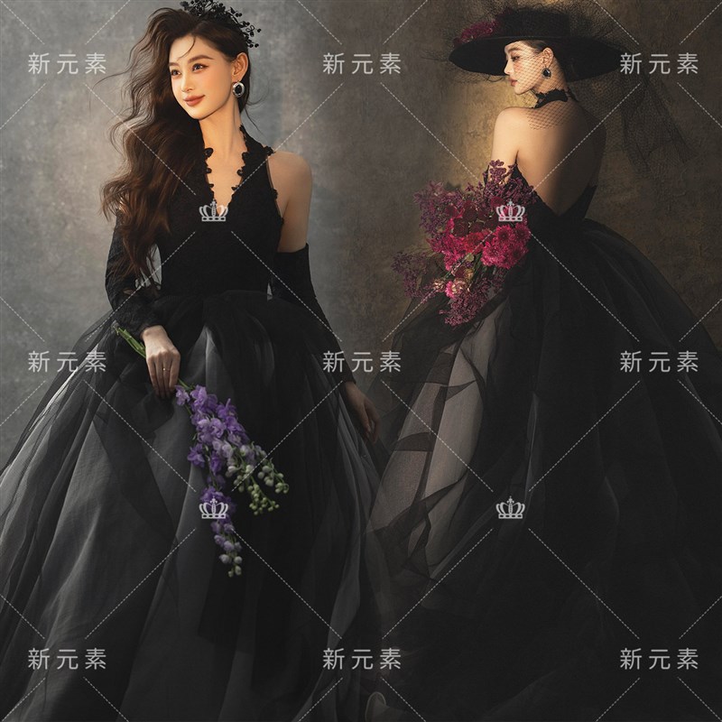 影楼新款复古赫本风黑色露背婚纱女高级感小众油画风婚纱照礼服裙
