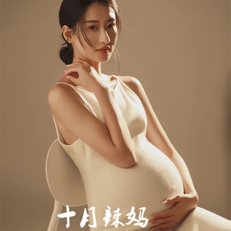 新款影楼主题服饰时尚孕妇白色简约拍照吊带裙甜美孕妈摄影服装